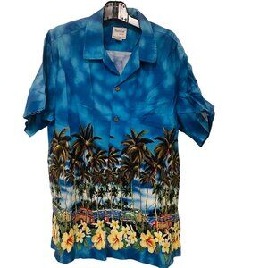 Naniloa Hawaiian Shirt‎ XXL By NewLeaf 100% Cotton Blue Palm Tree & Car Print